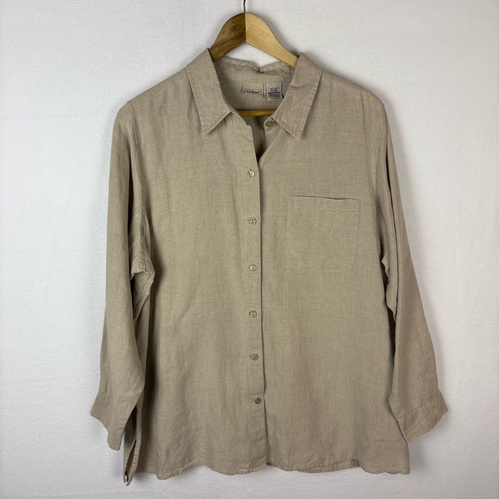 L.L. Bean Beige Tan 100% Linen Button Down Shirt